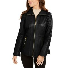 This Anne Klein leather coat is luxe, cool and totally timeless. Size: S.  Color: Black. Chic Long Sleeve Leather Jacket, Chic Leather Jacket With Long Sleeves, Sleek Leather Jacket For Winter, Elegant Fall Biker Jacket For Work, Elegant Leather Biker Jacket For Spring, Chic Formal Leather Jacket With Zipper, Elegant Leather Biker Jacket For Winter, Chic Formal Leather Jacket With Zipper Closure, Elegant Long Leather Coat