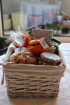 a basket full of food sitting on top of a table