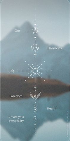 the seven chakras are shown in front of a body of water with mountains in the background