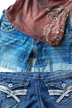 Shorts with embellished stitching and faux leather on back pockets. Rolled Cuff Jeans, Leather Roll, Embellished Jeans