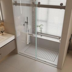 a bathroom with a walk in shower next to a sink