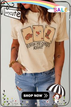 Khaki Poker Cards Letter Graphic Print Crew Neck T Shirt Beige Graphic Tee With Letter Print, Beige Crew Neck Top With Letter Print, Tops Graphic, Poker Cards, Top Graphic Tees, T Shirt Women, Women Tops, Shirt Women, Graphic Prints