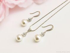 Bridal jewelry set pearl CZ flower wedding jewelry by irenau Bridal Jewelry Pearl Sets, Silver Bridal Jewellery, Bridal Jewelry Set, Pearl Jewelry Wedding, Jewelry Elegant, Set Earrings, Jewelry Pearl, Earrings And Necklace, Wedding Dress Accessories