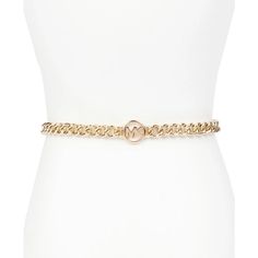 Glamour that gleams: Michael Michael Kors' chain belt provides a pop of shine to your look..Approx. length: S/M: 39'; L/XL: 45'; measured from end to end. Approx. width: 1/2'.Gold-tone exterior hardware; MK logo at front.Clip closure.Metal.Spot clean only.Imported Luxury Chain Link Belt For Party, Luxury Adjustable Chain Belt For Party, Luxury Adjustable Chain Party Belt, Chic Metal Chain Belt With Chain Print, Elegant Metal Chain Belt With Chain Print, Trendy Metal Chain Belt For Evening, Luxury Chain Belt For Party, Chic Gold-tone Chain Strap Belt, Evening Chain Link Metal Belt