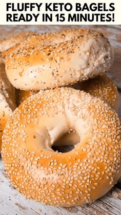 bagels are piled on top of each other with the words fluffy keto bagels ready in 15 minutes