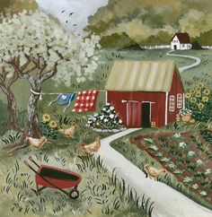 a painting of a farm scene with chickens and a red barn