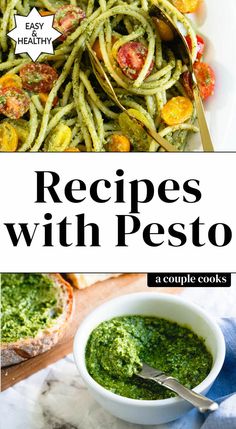 pesto pasta recipe in a white bowl on a marble counter top with text overlay