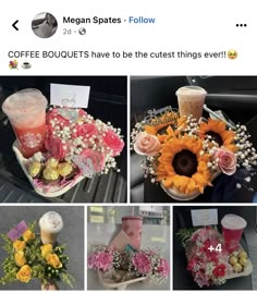 flowers and candles are arranged in the center of this collage, including coffee cups