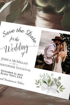 save the date card with photo and greenery