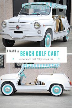 an old white car is parked in front of a building with the words i want a beach golf cart