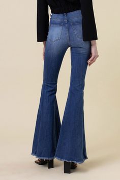 High Rise Flare Distressed Knee Jeans | Baylee & Brooke’s Boutique High Rise Flare Jeans, Flare Denim Jeans, Types Of Women, Shoes With Jeans, Back Patch, Jeans Dress, Bell Bottoms