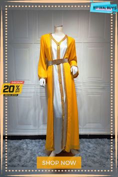 Commuter Solid Color Ethnic Chiffon Dress Muslim Women's Wear Summer Long Sleeve Georgette Kaftan, Long Sleeve Chiffon Kaftan For Spring, Bohemian Long Georgette Dress, Long Chiffon Kaftan For Eid, Long Bohemian Georgette Dresses, Summer Tunic Dress In Georgette, Orange Long Sleeve Dress For Eid, Chiffon Long Maxi Dress For Eid, Yellow Maxi Dress For Eid