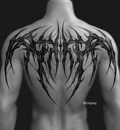 the back of a man's torso with black and white tattoo designs on it