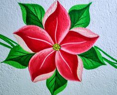 a painting of a red flower with green leaves