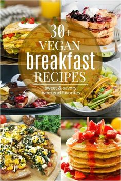 the cover of 30 vegan breakfast recipes, including pancakes and salads with text overlay