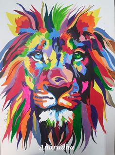 a painting of a lion with multicolored hair