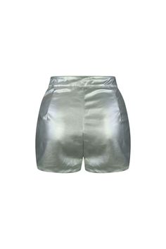 High waisted silver metallic PU shorts Fly button closure Runs true to size Solid Shiny Bottoms For Party, Shiny Solid Color Bottoms For Party, Shiny Solid Color Party Bottoms, Solid Shiny Party Bottoms, Fitted Shiny Shorts For Summer, Fitted Shiny Short Bottoms, Chic Spring Bottoms With Sheen, Chic Sheen Bottoms For Spring, Chic Spring Sheen Bottoms