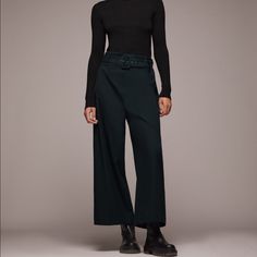 High-Waist Trousers Featuring A Belt With Buckle Lined In The Same Fabric And Invisible Side Zip Fastening. Dark Green. Size Xs Versatile Fitted Belted Bottoms, Chic Pants With Wide Waistband For Spring, Chic High Waist Wide Leg Pants With Wide Waistband, Chic Stretch Belted Bottoms, Chic Fitted Wide Leg Pants With Wide Waistband, Fitted Belted Bottoms For Fall, Fitted Wide Leg Pants With Belt Loops For Fall, Belted Fitted Wide Leg Pants For Work, Spring Bottoms With Belt Loops, Elastane Material