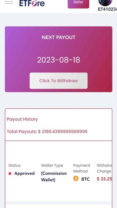 the payout page for an eftre credit card is shown in red and purple