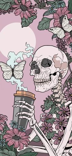 a skeleton holding a coffee cup in front of some flowers and butterflies on a pink background