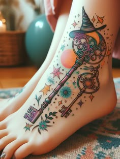 Celebrate sisterhood with a key, wearing a witch's hat on your foot. This design represents strength in community, unlocking potential together. Ankle Tattoo To Cover Scar, Side Foot Tattoos For Women, Witches Tattoo, Dice Tattoos, Witch Tattoo Ideas, Side Foot Tattoos, Magical Tattoos, Unlocking Potential, Ankle Foot Tattoo