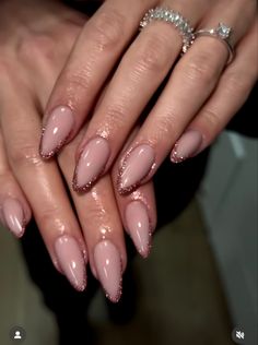 Nude Nail Ideas, Pink Nude Nails, Nude Nails With Glitter, Silhouette Nails, French Manicure Acrylic Nails, Classy Almond Nails, Glitter French Nails, Pink Tip Nails, Euphoria Nails