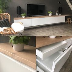 two pictures show the inside of a living room with white furniture and wood flooring