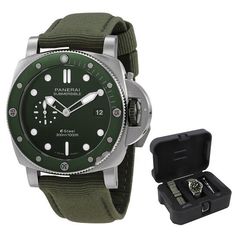 Silver-tone brushed stainless steel case with a green fabric strap. Green polished gradient dial with silver-tone hands and index hour markers. Dial Type: Analog. Luminescent hands and markers. Date display at the 3 o'clock position. One subdial displaying: one- small seconds. Panerai Calibre P.900 Automatic movement, based upon Panerai OP XXXIV, containing 25 Jewels, bitting at 28800 vph, and has a power reserve of approximately 72 hours. Scratch resistant sapphire crystal. Screw down crown. So Green Watches With Metal Dial For Outdoor, Green Outdoor Watches With Metal Dial, Green Outdoor Watch With Metal Dial, Panerai Submersible, 3 O Clock, 72 Hours, Brushed Stainless Steel, O Clock, Green Fabric