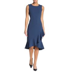 Elevate A Classic Sleeveless Dress With A Ruffle Tiered Hem For A Feminine Style. - Jewel Neckline - Sleeveless - Back Hidden Zipper Closure - Ruffle Hem - Solid - Unlined Elegant Blue Ruffled Sleeveless Dress, Blue Knee-length Ruffled Sleeveless Dress, Elegant Blue Sleeveless Dress With Ruffles, Fitted Blue Sleeveless Dress With Ruffles, Blue Sleeveless Midi Dress With Ruffles, Blue Fitted Sleeveless Dress With Ruffles, Ruffled Sleeveless Dress For Workwear, Blue Ruffled Midi Sleeveless Dress, Blue Midi Sleeveless Dress With Ruffles