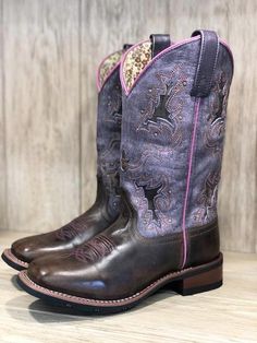 Laredo Women's Lola Tan & Purple Inlay Square Toe Western Boots 5657 - Painted Cowgirl Western Store Purple Cowboy Boots, Western Boots For Women, Cowgirl Boots Square Toed, Square Toe Western Boots, Camo Wedding, Purple Camo, Western Store, Leather Western Boots, Toes Designs