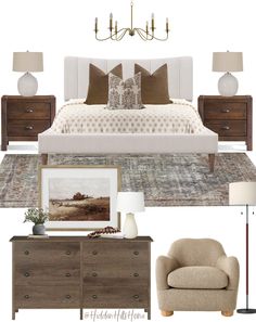 the bedroom is decorated in neutrals and browns