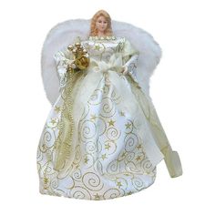 a doll dressed in white and gold with angel wings