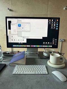 a computer monitor sitting on top of a desk next to a keyboard and mouse,