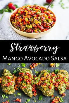 strawberry mango avocado salsa in a bowl and on the table