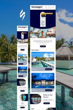 the website for voyage is displayed in front of water and palm trees, with an overhang