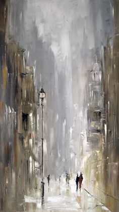 a painting of people walking in the rain