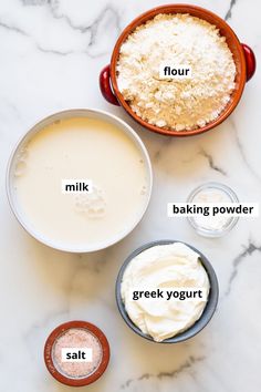 ingredients to make an ice cream cake on a marble counter top with text overlay