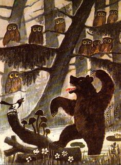 an image of a bear in the woods with many owls on trees and mushrooms around him