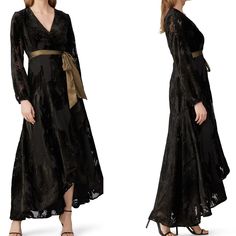 Hutch Velvet Celine Gown Wrap Dress Size Medium. Black And Gold Velvet (80% Viscose, 20% Nylon). Gold Shimmers. Burn Out Velvet. Gown. Long Sleeves. V-Neckline. Wrap Dress. Fully Lined. 51" From Shoulder To Front Hemline, 60" From Shoulder To Back Hemline. Imported. Retail $438 Great Pre-Owned Condition. This Item Is Retired From A Clothing Rental Service. Thank You For Visiting My Shop! -No Frills Shipping -No Trades -Open To Offers + Bundle Discounts Celine Gown, Clothing Rental, Velvet Gown, Gold Velvet, Burn Out, Gold Shimmer, Hutch, Black And Gold, No Frills