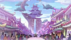 an anime scene with people walking around in front of a waterfall and buildings on the other side