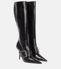 Find BALENCIAGA Knife 110 Leather Knee-high Boots on Editorialist. Upper: leather. Lining: leather. Sole: leather insole and sole. Toe shape: pointed toe. Made in Italy. Includes: shoe box. Designer color name: Black / Silver. Closure: zipped side. Balenciaga Boots, Black Balenciaga, Leather Knee High Boots, Balenciaga Shoes, Knee High Leather Boots, Mode Inspo, Dream Shoes, Boot Shoes Women, Cute Shoes