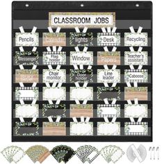 PRICES MAY VARY. Classroom Jobs Pockets Chart Set: you will receive 100 pieces of classroom jobs pocket chart supplies, including 1 pocket chart, 3 grommets, and 96 classroom jobs cards, each pocket chart comes with 6 pockets for card, which can help you arrange your daily activities more organized Easy to Use: hanging class jobs pocket chart have 3 sturdy metal grommets, which are easy to hang on most hooks, wall, door, pocket chart rack, whiteboard stand or other areas that are easily watched Whiteboard Stand, Teaching Math Strategies, Bee Classroom