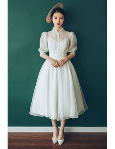 Vintage Chic Tea Length Bubble Sleeves Weddding Dress with Collar 70s 80s Style #E8936 - GemGrace.com Spring Banquet Vintage Dress, White Tea Length Dress For Prom, White A-line Vintage Dress For Party, White Tea Length Prom Dress, White Summer Wedding Dress For Banquet, White Knee-length Vintage Party Dress, Cream Tea Length Dress For Wedding, Vintage A-line Wedding Dress With Fitted Bodice, Cream Tea-length Wedding Dress