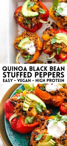 quinoa black bean stuffed peppers with avocado and sour cream on top