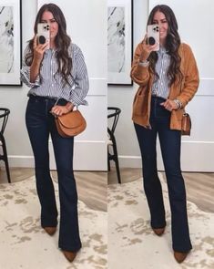 Afforable Fashion, Flare Jeans, Stripe button down shirt, Cardigan, Stiletto Ankle Booties, Faux Leather purse Flair Jeans Outfit Fall, Jeans Outfit Fall Casual, Flair Jeans Outfit, Hot Outfit Ideas, Walmart Outfits, Outfit Ideas Fall, Jeans Outfit Fall, Flair Jeans, Wal Mart