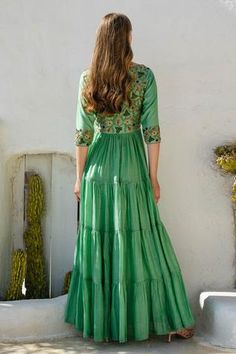 Shop for Shruti Sancheti Green Mul Embroidered Dress for Women Online at Aza Fashions Green Embroidered Anarkali Dress, Embroidered Tiered Skirt Wedding Dresses, Designer Embroidered Maxi Length Dress, Festive Anarkali Dress With Tiered Skirt, Designer Maxi Dress With Floral Embroidery, Designer Maxi Dress With Embroidery, Embroidered Silk Maxi Dress, Traditional Tiered Skirt Dress For Spring, Traditional Summer Dress With Tiered Skirt