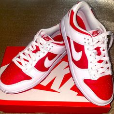 Brand New Authentic Nike (Worn Once) Classic Red Nike Custom Sneakers, Classic Red Custom Low-top Sneakers, Classic Red Low-top Custom Sneakers, Classic Red Custom Sneakers With Cushioned Footbed, Championship Red Dunks, Red Dunks, Nike Shoes Men, Nike Wear, White Casual Sneakers