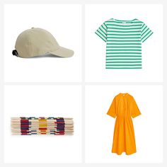 four different types of clothing and accessories on display with the same hat, t - shirt, scarf, baseball cap, dress, socks, belt