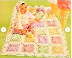 a crocheted blanket with a baby on it and an ice cream cone in the background