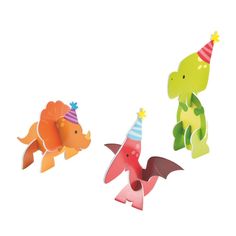 three paper animals wearing party hats and flying kites